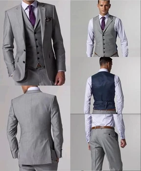 2021 Gražus Vyrų Oficialų Pilkos spalvos Kostiumas Vestuves Jaunikis Suknelė 3 gabalus Užsakymą Groomsmen Tuexdos terno (Švarkas+Liemenė+Kelnės)
