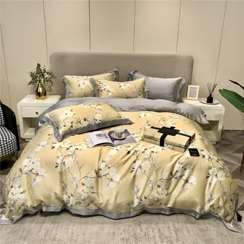 2023 naujausias keturių dalių patalynės paprastos medvilnės dvigubai buitinių lova lapas antklodė padengti išsiuvinėti patogiai gėlių geltona pilka