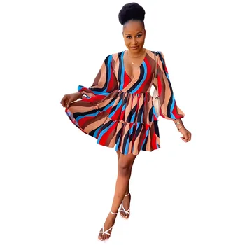 2023 Naują Afrikos Moterų Prarasti Mini Suknelė Vasarą Giliai V ilgomis Rankovėmis Kelių Spalvų Derinys, Atsitiktinis Aukšto Juosmens Moterų-line Suknelė