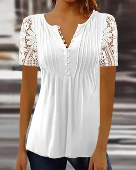 2023 Vasaros Moterų Kietas T-shirt Nėrinių Tuščiaviduriai Elegantiškas V-kaklo marškinėliai Atsitiktinis Palaidų Mados Viršūnes Spausdinti Derliaus Moteriška Palaidinė