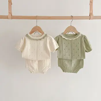 2023 Vasaros naujagimį, trumpomis Rankovėmis Megztiniai (Marškinėliai + Šortai 2vnt Kostiumas Kūdikiams Tuščiaviduriai Kvėpuojantis Megztų Drabužių Rinkinį Mergaitėms Komplektai