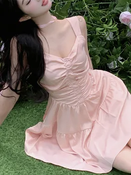 2023 Vasaros Šalis Rožinė Suknelė Moterims Atsitiktinis Y2k Mini Suknelė Moterų Berankovis Vieną Mygtuką Dizaino Suknelė Korėjos Mados Chic