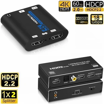 20pc 4K 60HZ HDMI Splitter 1x2 Audio Extractor 1-2 iš Uosto su 3.5 mm Audio Coaxial SPDIF Garso Ekstraktas HDCP 2.3 PS4 PS5