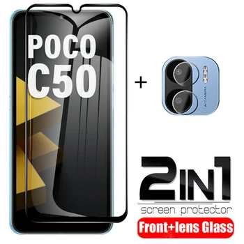 2in1 Visiškai Padengti Grūdinto Stiklo Atveju Xiaomi Poco C50 Screen Protector Xioami Poco C 50 C 50 50C Pococ50 vaizdo Kameros Apsauginė Plėvelė