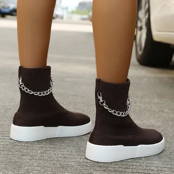 36-42 didelio dydžio kojinių mezgimo batai moterims prekės ženklo metalinės grandinės platforma kulkšnies bateliai turas kojų ruožas medžiaga trumpas 