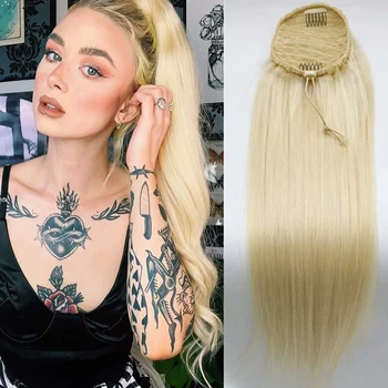 613 Blond Šilkiniai Tiesiai Raišteliu Plaukai Surišti Į Uodegą Brazilijos Hairpiece Spalvos Žmogaus Plaukų Įrašą Plėtiniai Remy