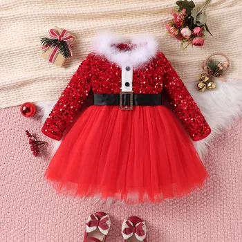 6M-4T Bamblys Vaikams, Kūdikių Mergaitės Kalėdų Aprangą ilgomis Rankovėmis Raudona Tiulio Princesė Kailio Suknelė Su Diržu Vaikų Santa Kalėdų Dovanos 2023