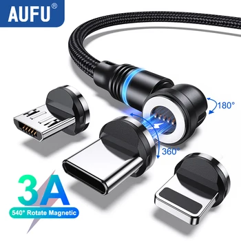 AUFU 540 Magnetinio Kabelis 3A Greito Įkrovimo Micro USB C Tipo Kabelio 
