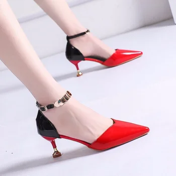 Aukštakulnius Moterys, Lakinės Odos Vasaros 2023 Nurodė Zapatos De Mujer Sagtys Dirželis Stiletto Raudona Klubas Šalies Kulno Siurbliai Panele