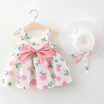 baby girl dress lankas gėlių vasarą sundress medvilnės taškų spausdinti diržas suknelė + sunhat 2vnt princesė šalis 1 2 metų gimtadienio drabužiai