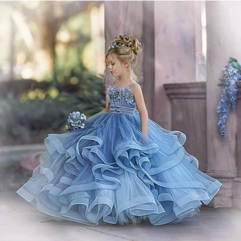 Beloving Dulkių Mėlyna Gėlių mergaičių Suknelės, Vestuvių 2023 chalatas de mariage Vaikai Inscenizacija Chalatai Tiulio Susiėmę Pirmos Komunijos Suknelė