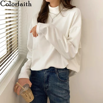 Colorfaith Naujas 2021 Moteris Rudens-Žiemos T-Shirt Kieto Dugno Pagrindinio Derong Laukinių Mados Minimalistinio Stiliaus Lady Viršūnes T6076