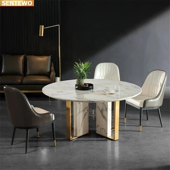 Dizaineris Prabangus turas vakarienė kambarys Marmuro Uolos Plokštė valgomojo stalo rinkinys 4 6 8 kėdės mesa tavoli baldai, Nerūdijančio plieno, aukso bazės