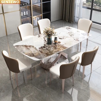Dizaineris Prabangus valgomasis kambarys Marmuro Uolos Plokštė valgomojo stalo rinkinys 4 kėdės mesa ėdžiose baldai marbre Nerūdijančio plieno aukso bazės