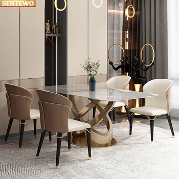 Dizaineris Prabangus valgomasis kambarys Marmuro Uolos Plokštė valgomojo stalo rinkinys 4 6 kėdės mesa stolik baldai marbre Nerūdijančio plieno aukso bazės