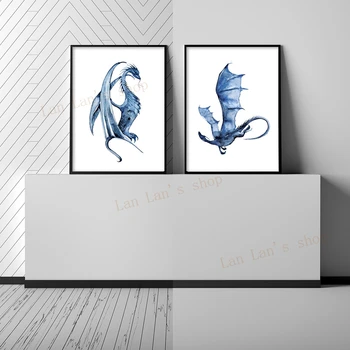 Dragon Akvarelė Spaudinių Navy Blue Dragon Plakatas Sienos Menas Sienos Nuotrauka Šiaurės Šalių Šiuolaikinio Gyvenimo Kambario, Namų Dekoro Frameless Tapyba