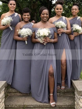 Elegantiškas Ilgas Pilkas Afrikos Bridesmaid Dresses 2022 su Plyšio Black Merginos Šifono Vestido De Fiesta De Boda