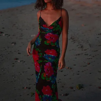 Ellafads Moterų Maxi Suknelė Vasaros Seksualus Rankovių Gėlių Spausdinti V Kaklo Suspender Backless Beach Party Suknelės Aukštos Streetwear