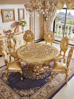 Europos marmuro Stalo Šampanas aukso apskritojo stalo prabangių namų valgomojo stalas, kėdės su patefonu