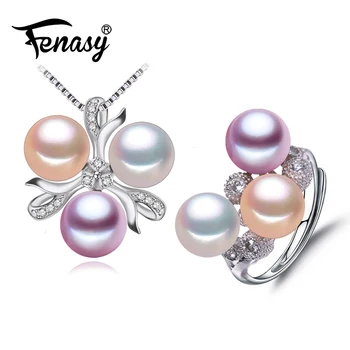 FENASY Gėlavandenių Perlų Papuošalų, spalvotų mados karoliai Vestuvių Papuošalai Rinkiniai Perlų Vėrinį Moterų romantiškas gėlių žiedas