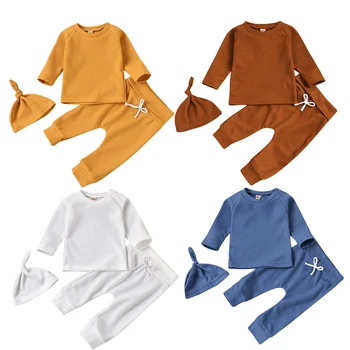 FOCUSNORM Naujagimiui Mergaitės Berniukai Sleepwear Rinkiniai 3pcs Kietas Megztinis ilgomis Rankovėmis Viršūnes Kelnės, Skrybėlės Priežastinis Rudenį Homewear 0-24M