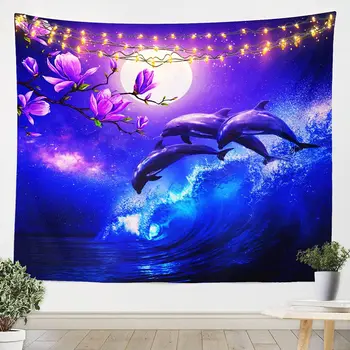 Galaxy Delfinų Gobelenas Pakrantės, Vandenyno Bangų, Gobelenas Sienos Kabo Vyšnių Žiedų Jūros Gyvūnų Gobelenai Mėnulio Dangus Žvaigždėtas Antklodė