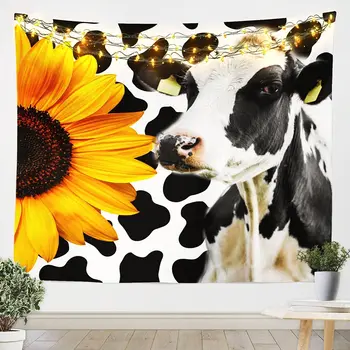 Geltonos Saulėgrąžos Gobelenai Karvės Odos Spausdinti Gobelenas 3D Pieno Karvė Estetinės Dekoro Sienos Kabo Meno, Miegamojo Kambarį Bendrabutyje