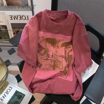 Gmiixder Vyno Raudona Vintage Vintage Plauti Dėvėti T-marškinėliai Vyrams, Moterims 2023SS Negabaritinių Amerikos Prašmatnus High Street trumpomis Rankovėmis Viršūnes