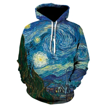 Harajuku Van Gogh Aliejaus Tapybai žvaigždėtu dangumi 3D Spausdinimo Hoodie Striukė Moterims/Vyrams Hipster Gotikos Skrybėlę Palaidinukė 