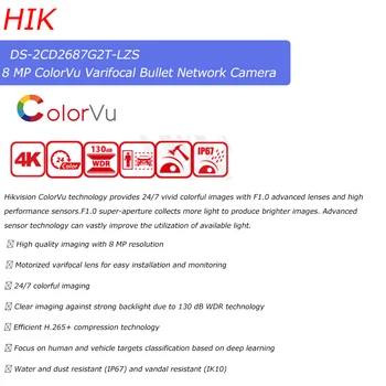 HIK 8MP AcuSense Kulka IP Camera DS-2CD2687G2T-LZS ColorVu 4X ZOOM, SD Kortelės Lizdą, Veido Gaudymas Apsaugos Stebėjimo Kameros