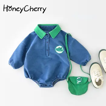 HoneyCherry Naują Pavasario Kūdikių Atvartas Nuplauti Džinsinio audinio Bodysuits Berniukų ir Mergaičių Bodysuit su maišeliu