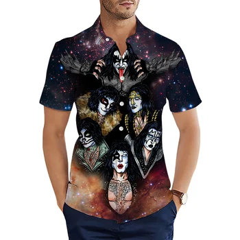 HX Mados vyriški Marškiniai Kiss Juosta Žvaigždėtas Dangus 3D Atspausdintas Marškinėliai Vasaros trumpomis Rankovėmis Hip-Hop Atsitiktinis Marškinėliai Vyrams Drabužius