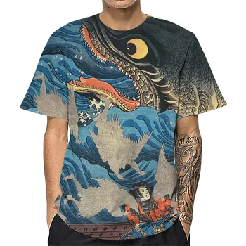 HX Ukiyo-e Mens T-shirts Japonija Sakura Samurajus Bangų 3D Atspausdintas Marškinėliai Gyvūnų T-shirt Vasaros trumpomis Rankovėmis Tees Dropshipping