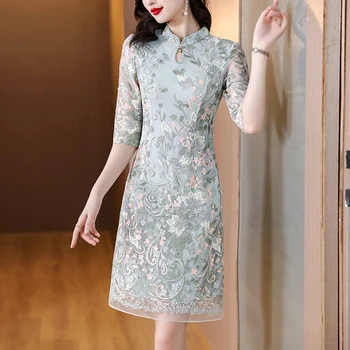 Iki 2023 m. Pavasario ir vasaros naujų, patobulintų stiliaus cheongsam mamos suknelė moterų senovinių nėrinių elegantiškas uždarytas juosmens žalias sijonas