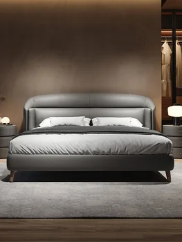 Italijos minimalistinio oda lova, prabangus ir modernus minimalistinio dvigulė lova, aukštas atlošas, miegamojo, Šiaurės oda lova