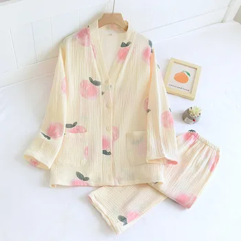 Japonų Stiliaus Mergaičių naktiniai marškiniai, pižamos Moterims, Pavasarį Ir Rudenį Grynos Medvilnės Krepo Visą Rankovės+Kelnės Ponios 2vnt V-Kaklo Peach Spausdinimo Homewear