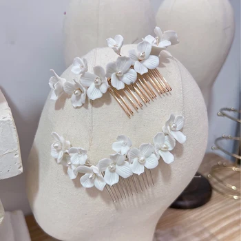 Keraminių Gėlių, Vestuvių Plaukų Šukos Auskarai Nustatyti Aukso Sidabro Spalvos Perlų Vestuvių Plaukų Aksesuarai Moterims, Papuošalai