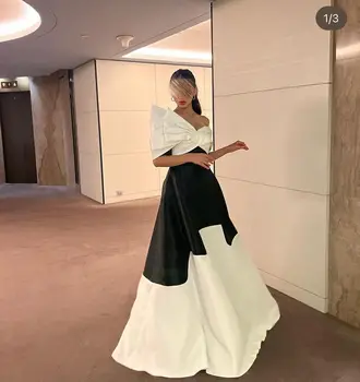 Klasikinis Juodos Ir Baltos vakarinės Suknelės nuo Peties Didelis Lankas Dubajus, Saudo arabų Moterų Oficialų Šalis Suknelė Prom Chalatai