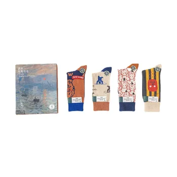 Kojinės moterims, Dovanų dėžutėje 4 set Monet serijos aliejaus tapybos stilius, prancūzijos rudens ir žiemos cotmeias femininas calcetines para mujer