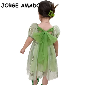 Korėjos Stiliaus Vasaros Drabužių Vaikas Mergina Dress Aikštėje Apykaklės Trumpomis Rankovėmis, Žalia Atvira Nugara Lankas Tinklelio Suknelė Vaikų Drabužių E2095