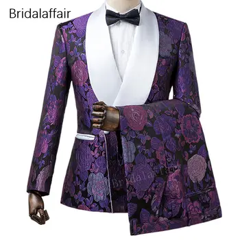 KUSON Naujo Dizaino Užsakymą Jaunikis Tuxedos Slim Violetinė Gėlių Spausdinti Vyrų Kostiumas Vestuvių Prom Mens Kostiumai 2vnt (Striukė+Kelnės)