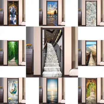 Laiptai Meno Durų Lipdukas, Paplūdimys, Gamta Tapetai Vinilo, PVC, atsparus Vandeniui Durų Popieriaus, lipnios Namų Dekoro Durų Lipdukas