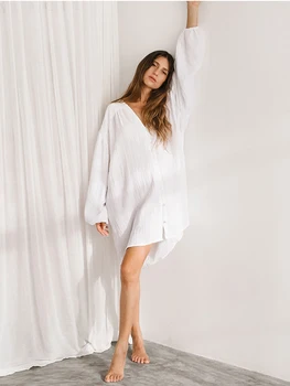 Marthaqiqi laisvos Moters Suknelės Baltos Medvilnės ilgomis Rankovėmis Sleepwear Sexy V Kaklo Vieno Krūtinėmis Naktį Suknelė Moterų Pižama