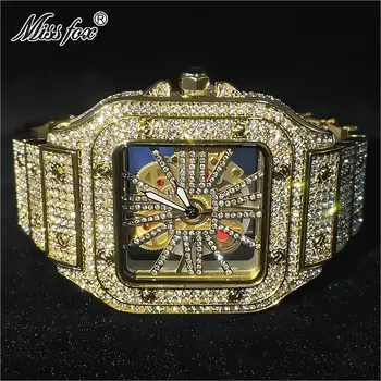 MISSFOX Prabangūs vyriški Aukso Laikrodžiai Hip-Hop Šalta Diamond Aikštėje Kvarcinis Laikrodis Mados Tuščiaviduriai AAA Vandeniui Laikrodžiai Mans Reloj