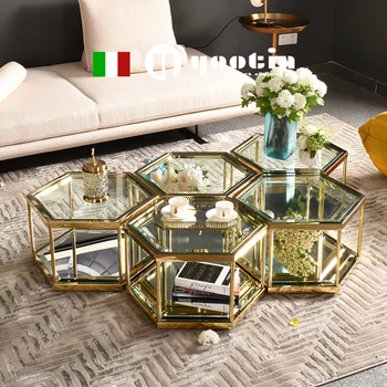 Modernus lengvųjų ir prabangių grūdinto stiklo žurnalinis staliukas tuščiaviduriai iš geometrijos kavos staliukas tinklo įžymybė kūrybiškumą