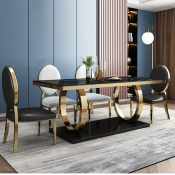 Modernūs, Prabangūs Virtuvės Stalus Buitinių Baldų Komplektą, Natūralaus Marmuro Stalo Metalo Rėmas Dizaineris Valgomasis Stalas Ir Kėdės