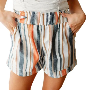 Moteriški Šortai Dryžuotas kontrasto spalvų atsitiktinis retro aukštos diržo kišenę laisvus slim trumpas kelnes