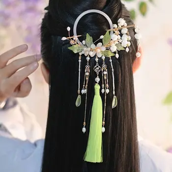 Moterų Išskirtinį Violetinė Žalia Gėlės Su Kutas Plaukų Pluoštas Hanfu Hairstick Šukuosena
