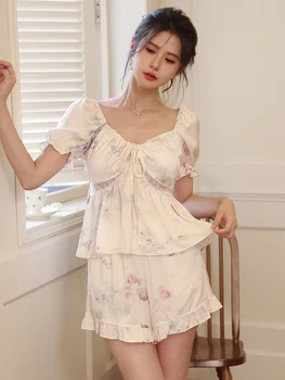 Moterų Korėjos Raukiniai Šilko Pižama Moterims Vasaros Saldus Prancūzijos Spausdinti Trumpas Rankovės Dviejų Dalių Namo Kostiumas Princesė Pajama Loungewear