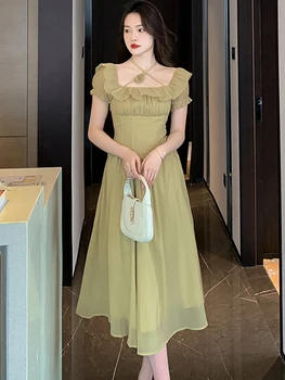 Moterų Žalia Akių Prašmatnus Sluoksniuotos Rankovėmis Susiėmę Aikštėje Apykaklės Ilga Suknelė 2023 Vasaros Korėjos Mados Elegantiškas Bodycon Prabangos Paplūdimio Suknelė